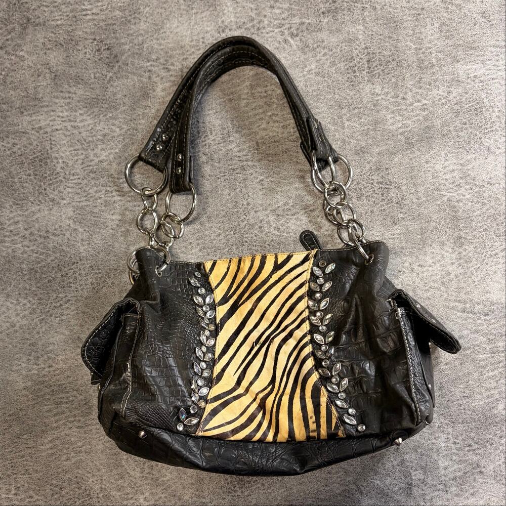 Black Leather Zebra Embellished Shoulder Bag